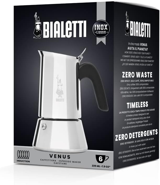 Bialetti - Nouvelle cafetière expresso Venus Induction, Plaque de cuisson en acier inoxydable, Adaptée à toutes les sources de chaleur, 6 Tasses, Aluminium, 235ml,Argent [Classe énergétique A+]