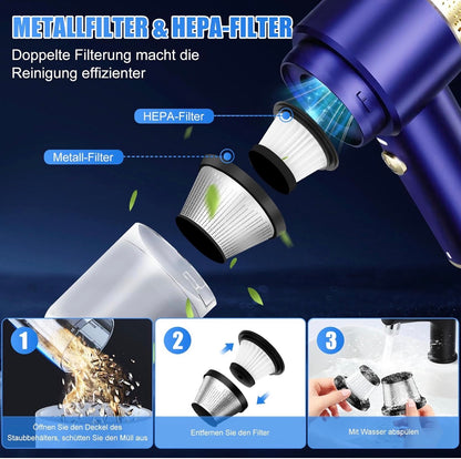 Aspirateur à main sans fil 12000 PA 4 en 1 avec 2 filtres HEPA lavables pour voiture, cuisine, maison et nettoyage des poils d'animaux, rechargeable, portable, léger