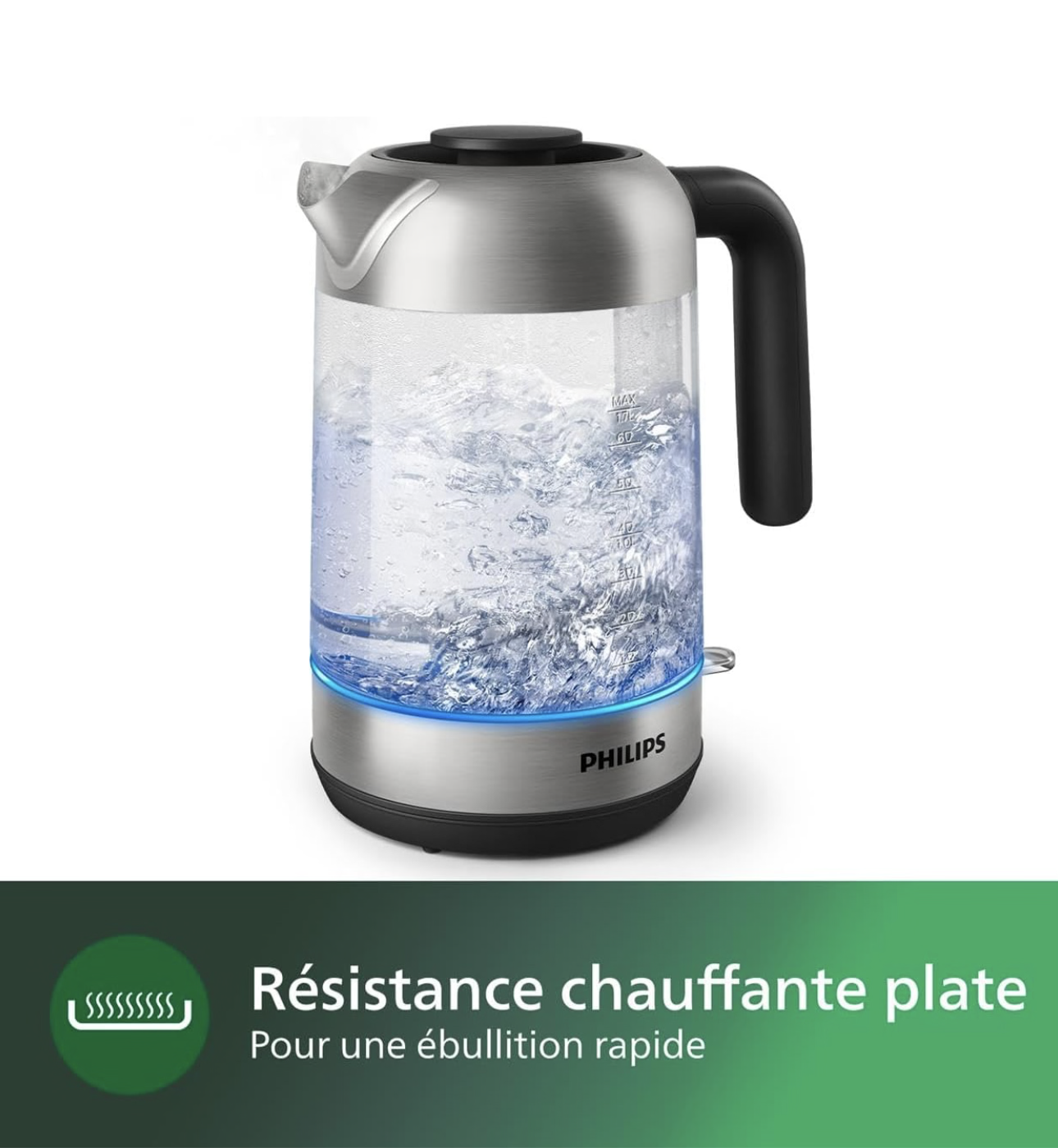 Philips Série 5000 Bouilloire Électrique en Verre - Capacité 1,7L, Résistance Plate pour Ébullition Rapide, Tamis Anti-Calcaire, Base 360° Sans Fil, Couvercle Amovible, Voyant Bleu (HD9339/80)