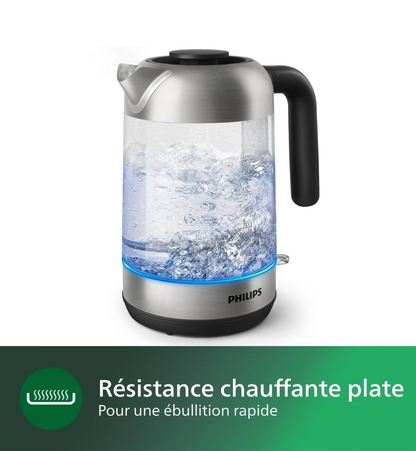 Philips Série 5000 Bouilloire Électrique en Verre - Capacité 1,7L, Résistance Plate pour Ébullition Rapide, Tamis Anti-Calcaire, Base 360° Sans Fil, Couvercle Amovible, Voyant Bleu (HD9339/80)