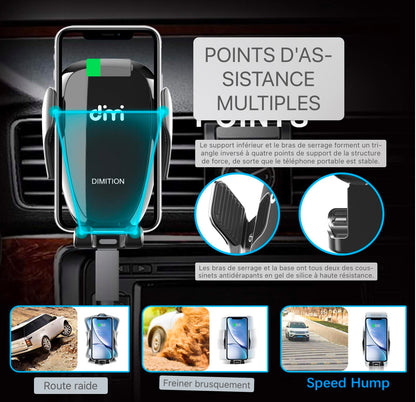 Support de téléphone portable Voiture avec fonction de chargeur, induction Qi 10w Chargeur sans fil Support de téléphone portable de voiture Kit de mise à niveau Chargeur de voiture avec 2 clips de ventilation Charge rapide pour iPhone 11/11 Pro Max/SE/Sa