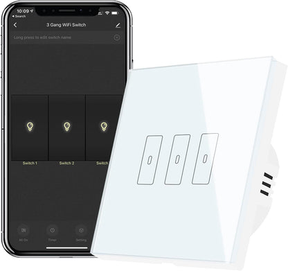 Interrupteur WiFi Alexa Sans Fil Tactile, Commutateur de 3 Canaux Connecté Intelligent, Commande à Distance Par Téléphone, Relais Compatible avec Google Home