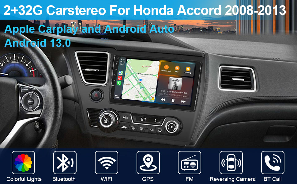 2+32G Podofo Android 13.0 Autoradio pour Honda Civic 2013 2014 2015 2016 2017 mit Kabelloses A-pple Carplay/Android Auto Bluetooth Bildschirm Touchscreen Lenkradkontrolle/GPS/WiFi/RDS/FM