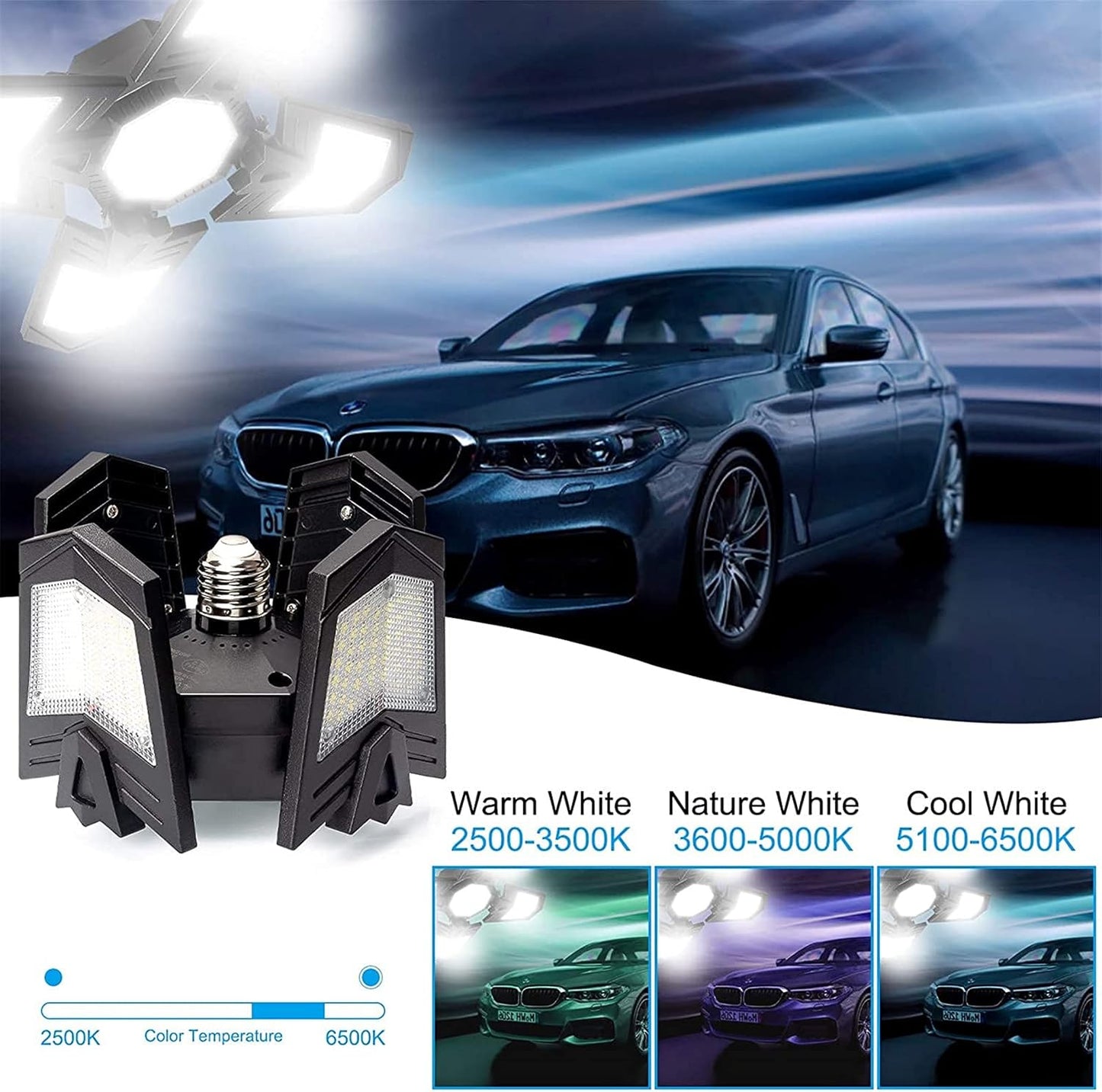 Luminaires de Garage à LED, 12000LM - 6500K Luminaire Garage, Éclairage Magasin Avec Panneaux Ajustables Multi Panneaux Position LED Plafond Lumineux Pour Garage Magasin Atelier Sous-sol Entrepôt