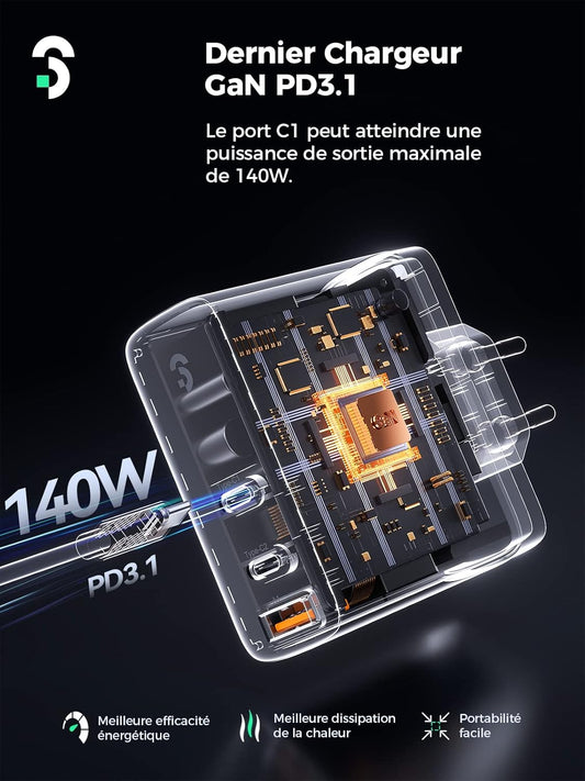 140W GaN Chargeur USB C - SOOMFON PD 3.1 Laptop Chargeur Rapide 3 Ports, Compatible avec MacBook Pro 16″/Air, iPad Pro, iPhone 14/13/12 Pro Max, Galaxy S22/S21, Pixel, Xiaomi et Plus Encore