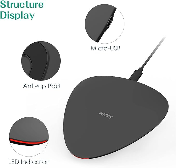 Chargeur sans fil rapide, Auckly 10W Qi Pad chargeur sans fil avec Tapis Anti-dérapant pour iPhone X/8/ 8 Plus, Samsung Galaxy S9 / S9+ / S8/ S8+/ S7 / S7 edge / S6 edge+ et autres Compatibles Qi - Noir