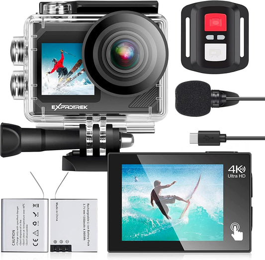 Exprotrek Action Camera 4K 30fps Ultra HD, Caméra d'action 40 m 100 Pieds étanche WiFi Ultra Grand Angle 170°, télécommande, 2 Batteries et kit d'accessoires pour Casque