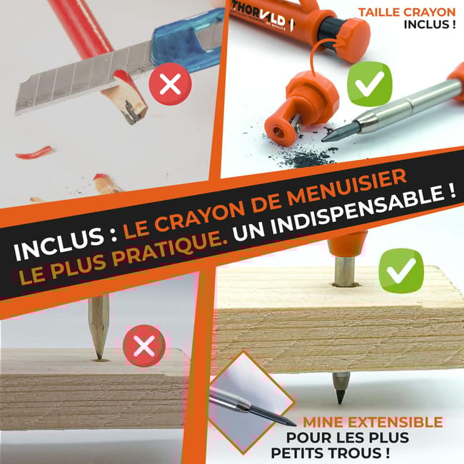 5 en 1 Equerre Menuisier 180 mm - Inclus Crayon Chantier - Multifonction : Trusquin / Raporteur / Gabarit de percage / Equerre a chapeau - Aluminium