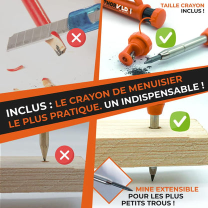 5 en 1 Equerre Menuisier 180 mm - Inclus Crayon Chantier - Multifonction : Trusquin / Raporteur / Gabarit de percage / Equerre a chapeau - Aluminium