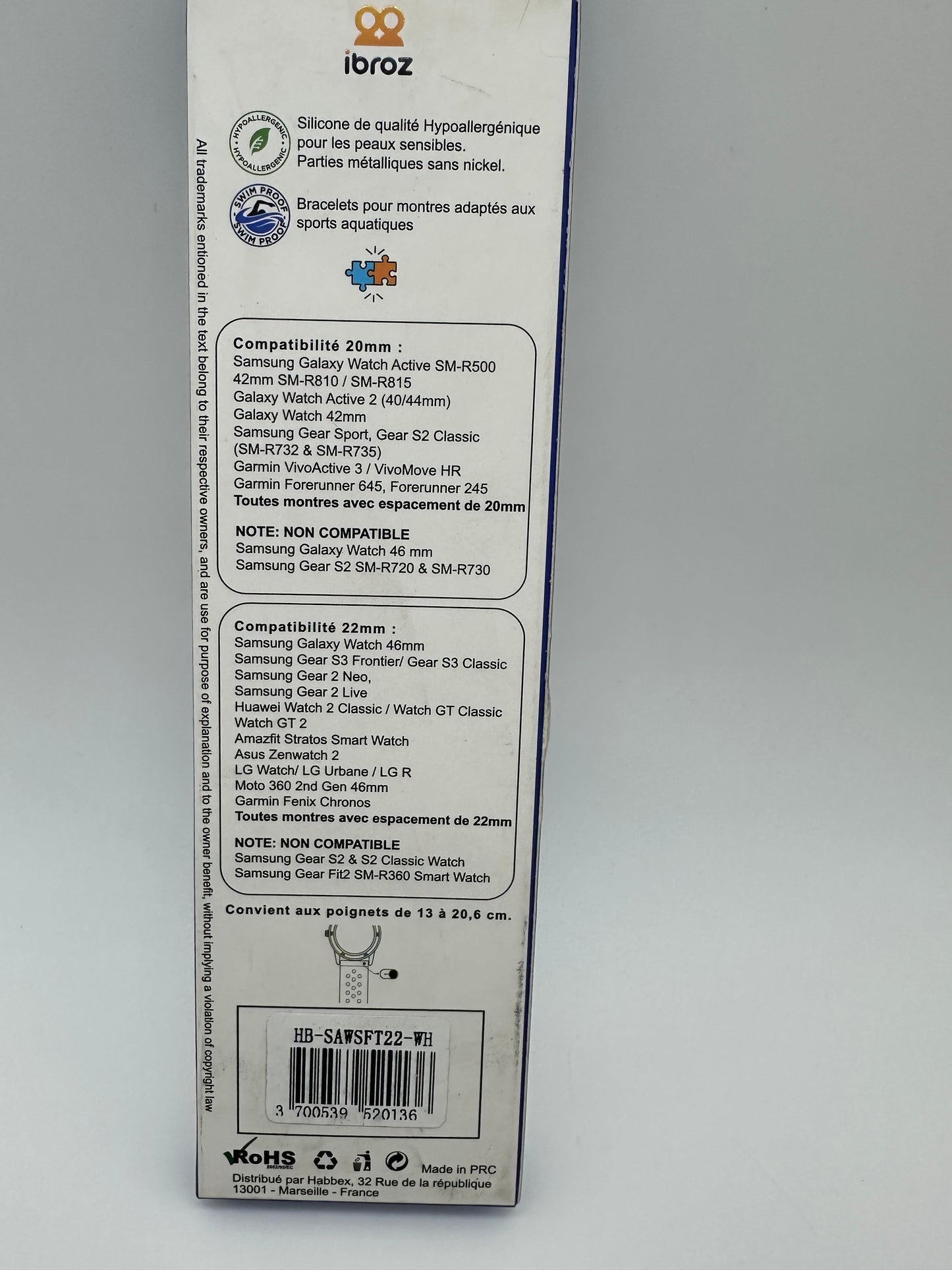 Bracelet IBROZ Samsung/Huawei SoftTouch 22mm blanc