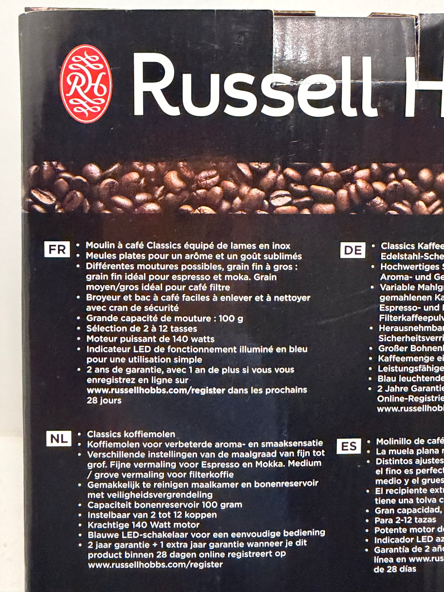 Russell Hobbs Moulin à café [électrique à meule plate] Classics (réglages variables de mouture: fine à grossière, 2 à 12 tasses, pour grains de café, noix, épices, céréales, indicateur LED) 23120-56