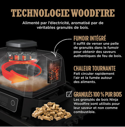 Ninja Woodfire barbecue électrique, grill, fumoir & air fryer, barbecue extérieur 7 en 1, grill, air fryer, fumer, rôtir, four, résistant aux intempéries, antiadhésif, portatif, gris/noir OG701EU