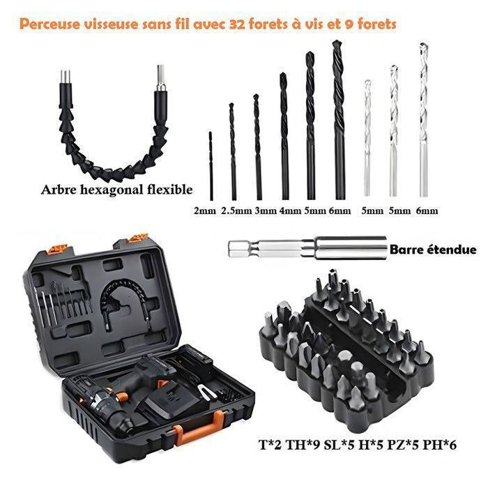 Perceuse Visseuse Sans Fil 18V, 2 Batteries Lithium-Ion 2000mAh, 2 Vitesses, Lumière Led, 43 Accessoires
