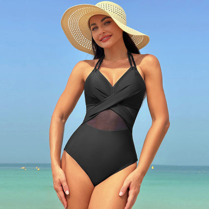 Maillot de Bain "Éclipse" One-Piece – Col Licou, Design Maille & Sangles Croisées