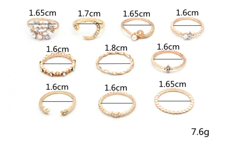 Ensemble "Cosmic-Boho" – Lot de 10 Bagues Artisanales Lune, Étoile & Nature