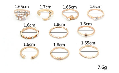 Ensemble "Cosmic-Boho" – Lot de 10 Bagues Artisanales Lune, Étoile & Nature