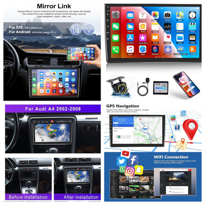 CAMECHO 1+32G Android 13 Autoraido pour Audi A4/S4/RS4 (2002-2007) Seat Exeo (2008-2012), 2Din 9 Pouces Écran avec Bluetooth Mirror Link WiFi FM/RDS Radio EQ Caméra de Recul
