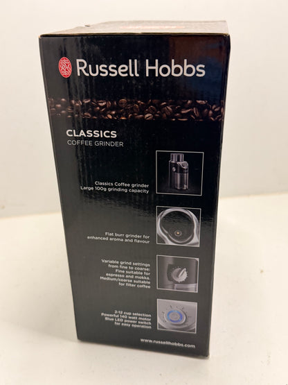 Russell Hobbs Moulin à café [électrique à meule plate] Classics (réglages variables de mouture: fine à grossière, 2 à 12 tasses, pour grains de café, noix, épices, céréales, indicateur LED) 23120-56