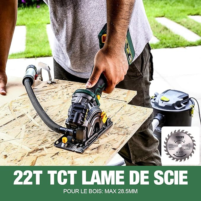 Scie Circulaire sans Fil TECCPO, 18V 4.0Ah Batterie, 4.0A Chargeur Rapide, Guide de Laser, Boîte de Transport, Vitesse 3,100 RPM, 3 Lames Ø 89mm, Convient à la Coupe du Bois, du Métal, des Carreaux