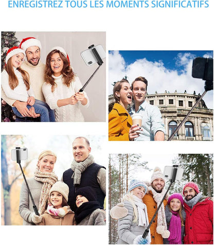 Perche Selfie Bluetooth 3 en 1 Ultra-Léger, Bâton Stick Réglable Télescopique, pour iPhone XS/XS Max/XR/X / 8 / 8P / 7 / 7P / 6s / 6/5, Galaxy S9 / 8/7/6 / Note, Huawei, Nubia, Xiaomi