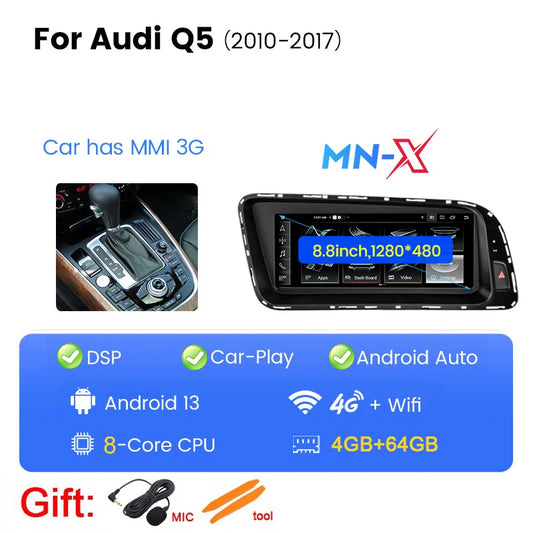 autoradio 2din Android 13 8core lecteur multimédia automatique pour Audi Q5 2008 2009 - 2017 Navigation sans fil Carplay Carradio