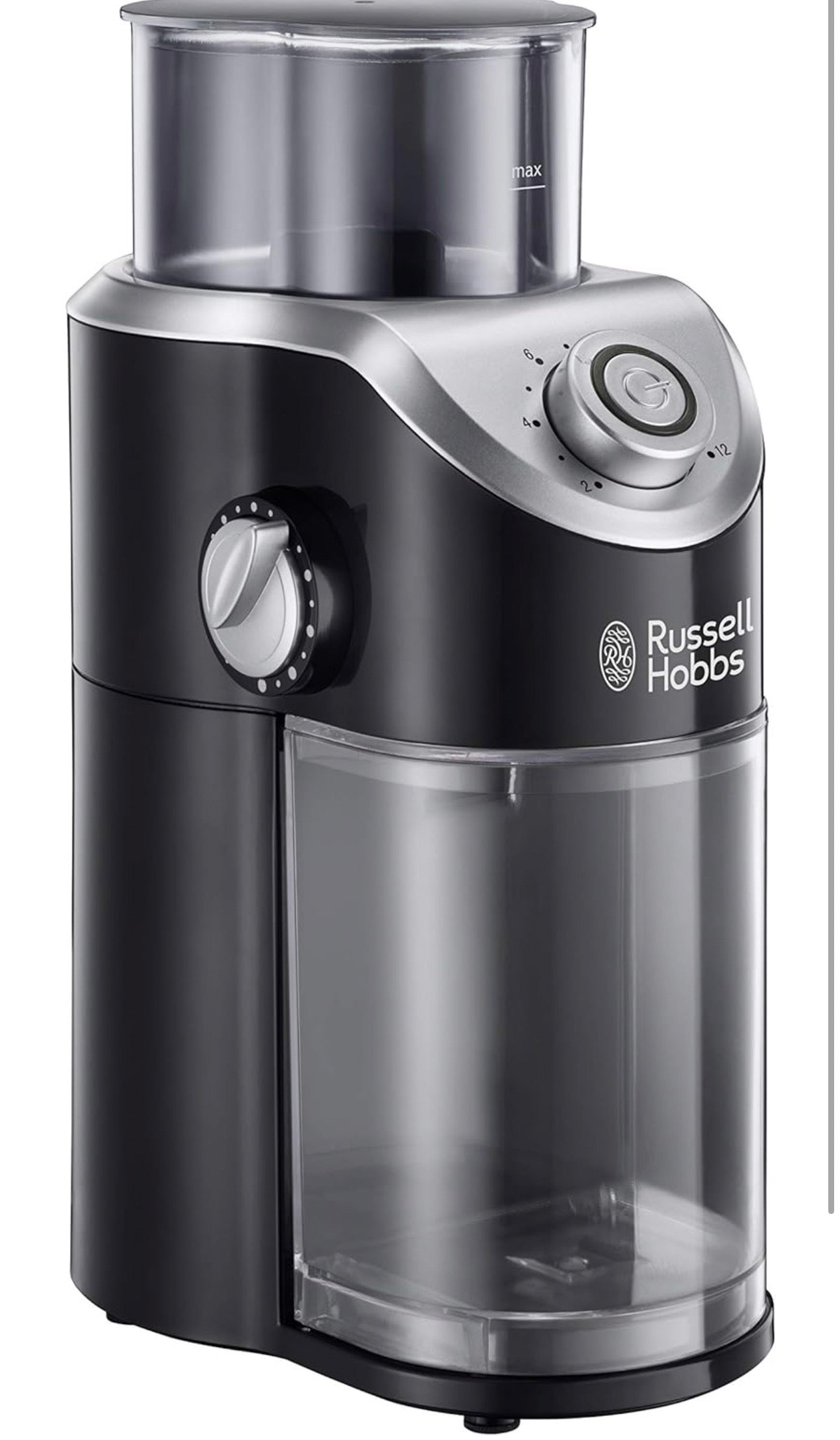 Russell Hobbs Moulin à café [électrique à meule plate] Classics (réglages variables de mouture: fine à grossière, 2 à 12 tasses, pour grains de café, noix, épices, céréales, indicateur LED) 23120-56