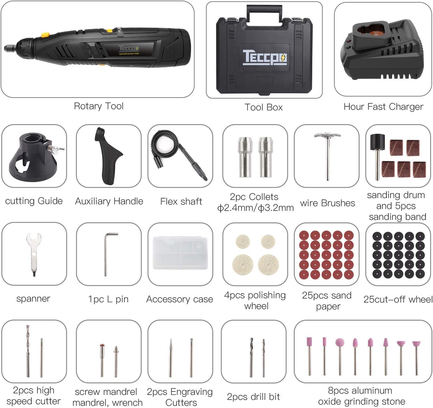 Outil rotatif sans fil, TECCPO 12 V avec mandrin sans clé à changement rapide, arbre flexible, 5 000 à 28 000 tr/min, 6 vitesses réglables, poignée auxiliaire, 80 accessoires.