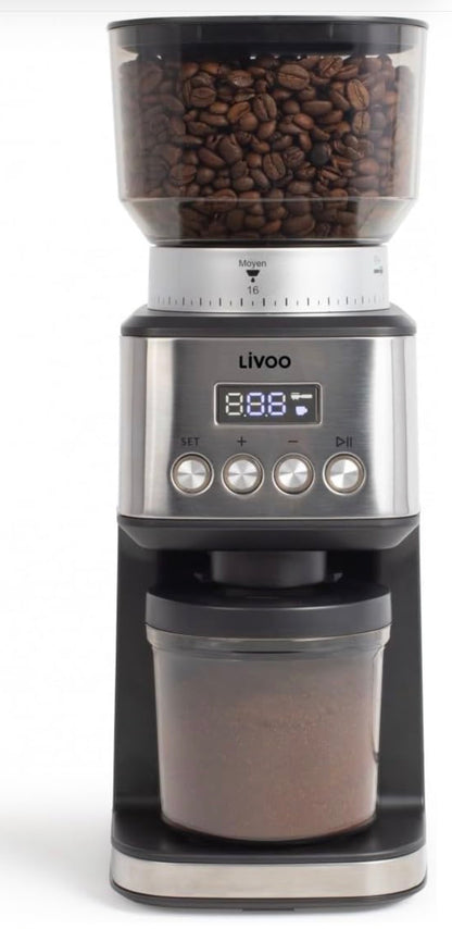 Livoo, Moulin à café électrique DOD191, Puissance 180 W, 600 tours par minute, 31 réglages de mouture, Capacité du réservoir à grains 320 g et café moulu 130 g, 10 tasses