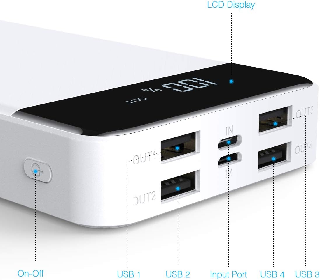 FLOUREON Batterie Externe 20000mAh Power Bank avec L’écran LED Chargeur Portable 2 Ports Entrées 2 Ports Sorties USB pour Téléphone Portable Tablette