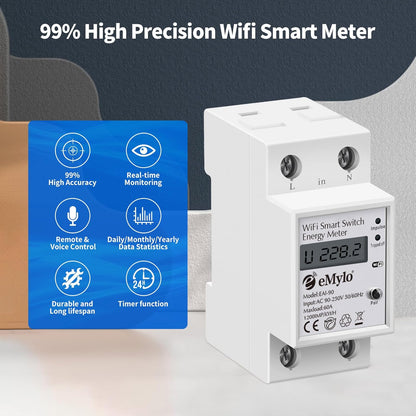 Compteur d'énergie eMylo Smart WiFi, compteur numérique monophasé DIN rails LCD, compteur de moniteur de consommation d'électricité, 60A 90-250V, support Alexa Google Assistant APP télécommande pour la maison, l'appartement