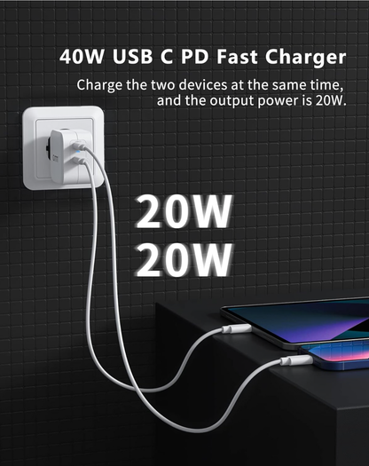GMM Chargeur USB C PD - Double bloc d'alimentation USB C - 2 x 20 W - Charge rapide USB C - Double USB C - Compatible avec iPhone 13/12/11, Samsung Galaxy, iPad/iPad Mini, Xiaomi Note 11