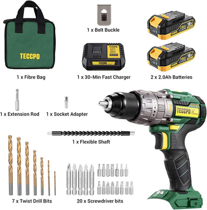 TECCPO Perceuse Visseuse sans Fil Brushless, 18V Perceuse a Percussion(60Nm), 30min Rapide Chargeur, 2×2.0Ah Batteries, 13mm Mandrin, 2 Vitesses (0-550/2000 tr/min), 35pcs Gratuit Accesoires-TDHD02P