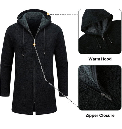 Cardigan Homme Long à Capuche Zippé Pull Veste en Maille Homme Hoodie Épais et Décontractée Chandail Homme Sweats à Capuche Homme