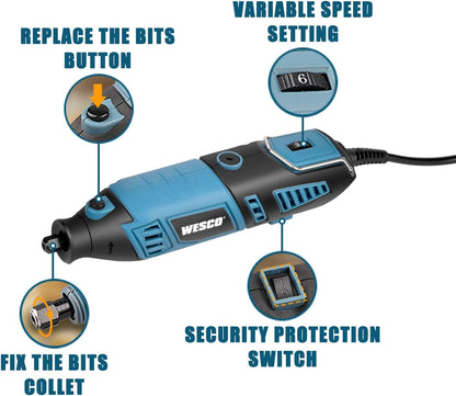 WESCO - WS3113KU.1 Kit d'outils rotatifs, 7 vitesses variables, 82 accessoires, 35 000 tr/min, arbre extensible, bloc sans clé, pour sculpter, polir, couper, graver