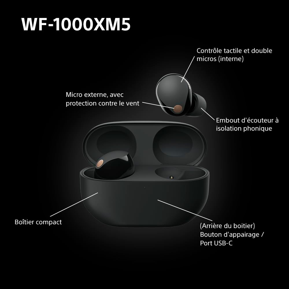 Sony WF-1000XM5 écouteurs sans Fil à réduction de Bruit, Bluetooth, Intra-Auriculaires avec Micro, 36 Heures d'autonomie, Charge Rapide, IPX4, Compatible iOS et Android - Noir