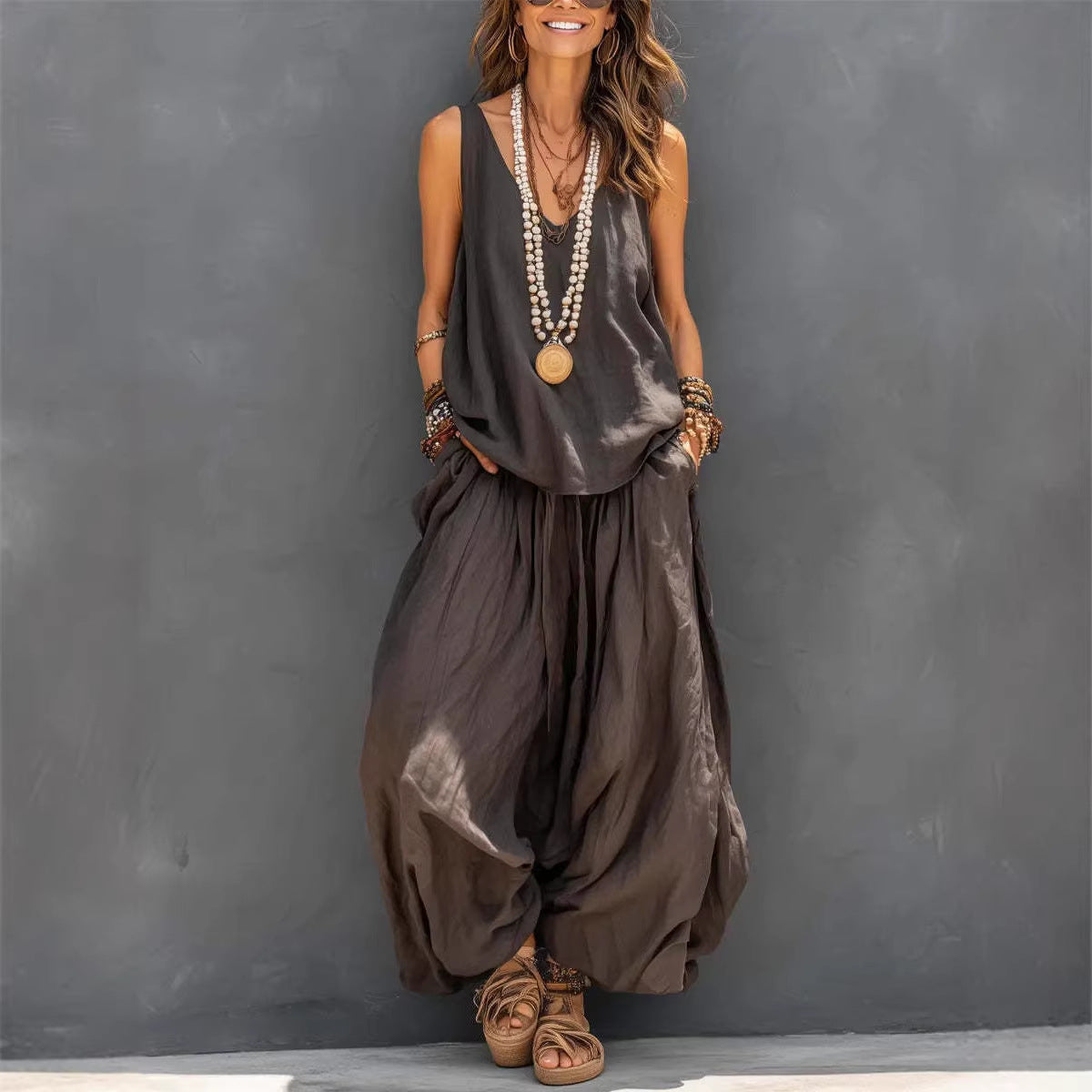 Débardeur décontracté sans manches de couleur unie pour femmes et pantalon à lambes larges Ensemble en lin de coton pour vêtements de tous les jours Tenue de vacances