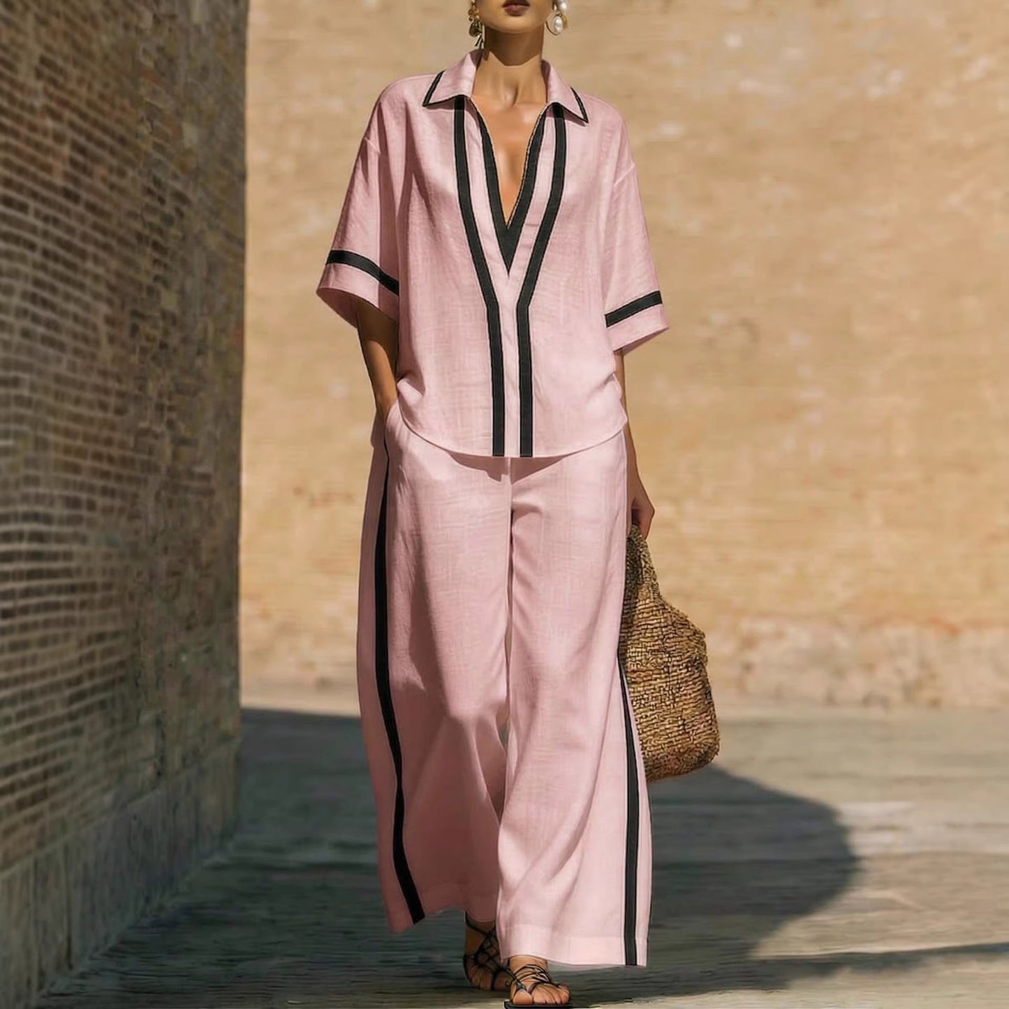Ensemble "City-Chic" – Duo Haut Color-Block & Pantalon Palazzo à Jambes Larges