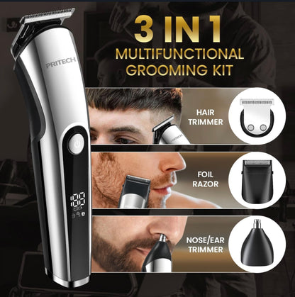 PRITECH Tondeuses à Cheveux pour Hommes, Tondeuse à Nez, Micro Rasoirs 3 en 1 Kit de Soins pour Hommes sans Fil et Rechargeable, Tondeuse à Cheveux Électrique avec Écran LED et Tête de Coupe T, IPX6