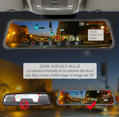 Caméra de rétroviseur AWESAFE Double écran tactile 1080P 10 pouces FHD 170° grand angle avec vision nocturne, mode stationnement, détection de mouvement, enregistrement en boucle, capteur G