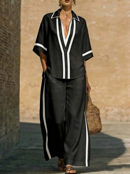 Ensemble "City-Chic" – Duo Haut Color-Block & Pantalon Palazzo à Jambes Larges