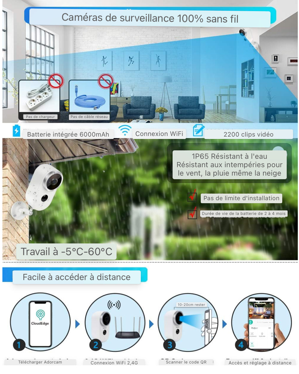 Caméra de sécurité sans fil WLAN 1080P Caméra IP pour extérieur et intérieur, fonctions de détecteur de mouvement PIR et interphone, sirène d'alarme manuelle Vision nocturne étanche Caméra WiFi IP65 et accès à distance