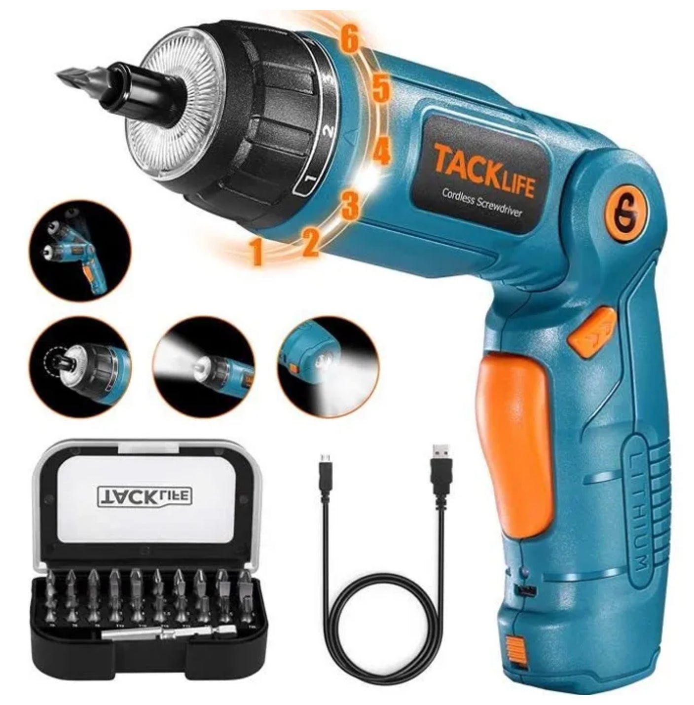 31 Pcs Tournevis 3.6 V sans Fil TACKLIFE, Li-ion 2000 mAh, 1-4 N.m, 6 couples réglages, Tournevis Electrique Rechargeable