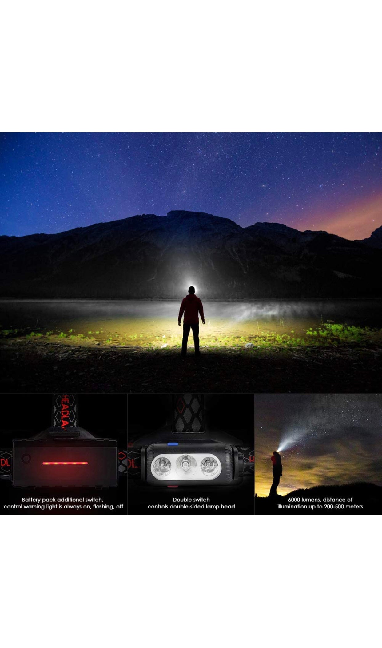 Lampe Frontale LED, Puissante USB Rechargeable avec 6 LEDs, 6000 Lumen, 8 Modes D'éclairage neuve