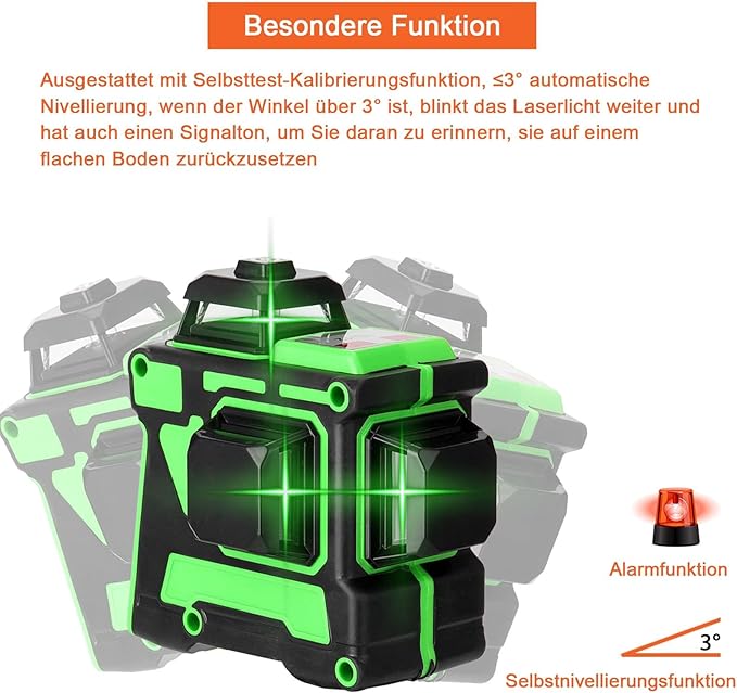 Niveau Laser Vert en 3 x 360 3D 12 Lignes avec Fonction 3° D'auto-Nivellement Auto-équilibrage du Niveau Laser Multifonctionnel 12 Lignes Lignes Horizontales Verticales a Trépied (1 Batteries)