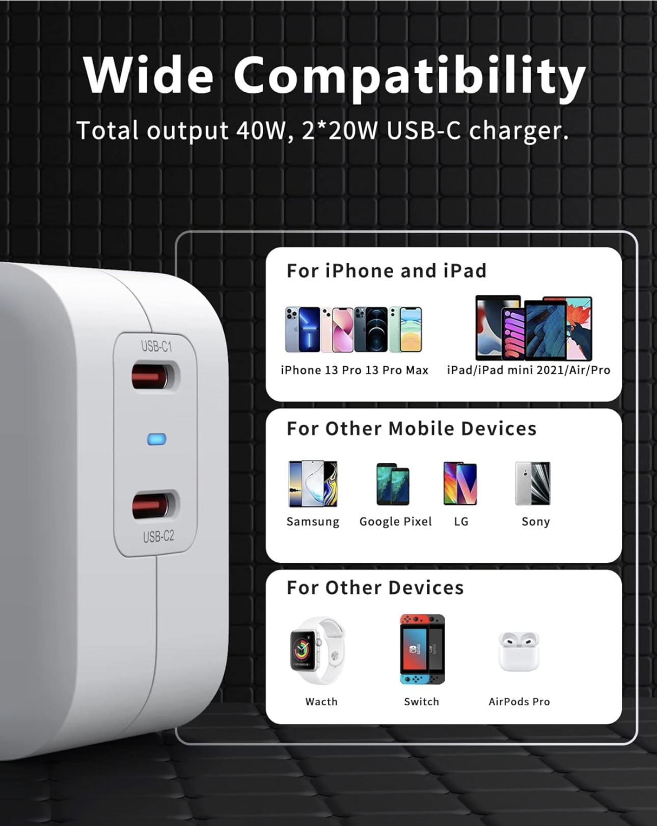 GMM Chargeur USB C PD - Double bloc d'alimentation USB C - 2 x 20 W - Charge rapide USB C - Double USB C - Compatible avec iPhone 13/12/11, Samsung Galaxy, iPad/iPad Mini, Xiaomi Note 11