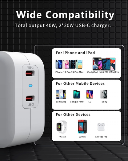 GMM Chargeur USB C PD - Double bloc d'alimentation USB C - 2 x 20 W - Charge rapide USB C - Double USB C - Compatible avec iPhone 13/12/11, Samsung Galaxy, iPad/iPad Mini, Xiaomi Note 11