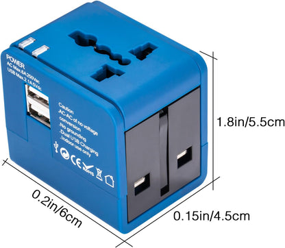 Adaptateur de voyage, adaptateur secteur universel mondial tout en un Chargeur mural international pour téléphone portable et Pc portable, avec double port de charge USB pour les USA, Europe, Royaume Uni, Australie (Bleu)
