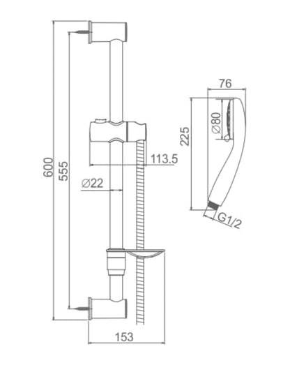 Ensemble Barre de Douche 55 CM, Douchette, Flexible, Porte-Savon, Chrome, Argent