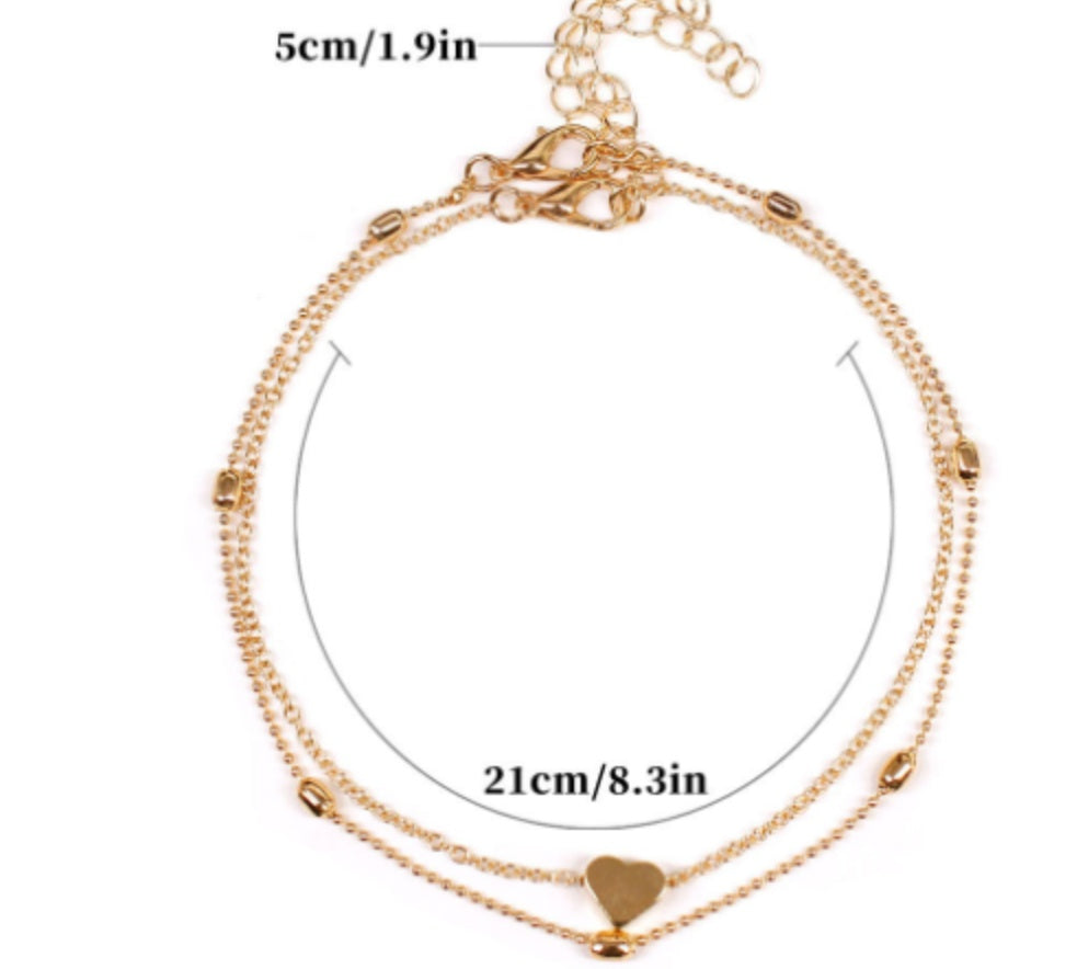 Bracelet de Cheville "Ocean-Heart" – Double Chaîne Rétro & Pendentif Cœur Gravé