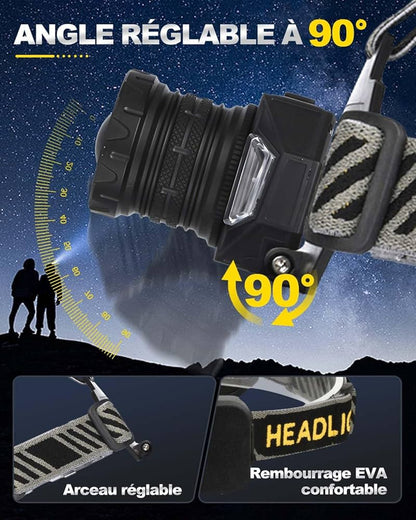 Lampe Frontale Led Ultra Puissante Rechargeable USB C avec 12 Modes d’Éclairage, Capteur & Warning Light, IPX5 Étanche, 90° Réglable Zoomable Tête Extensible pour Camping, Randonnée, Pêche et Course